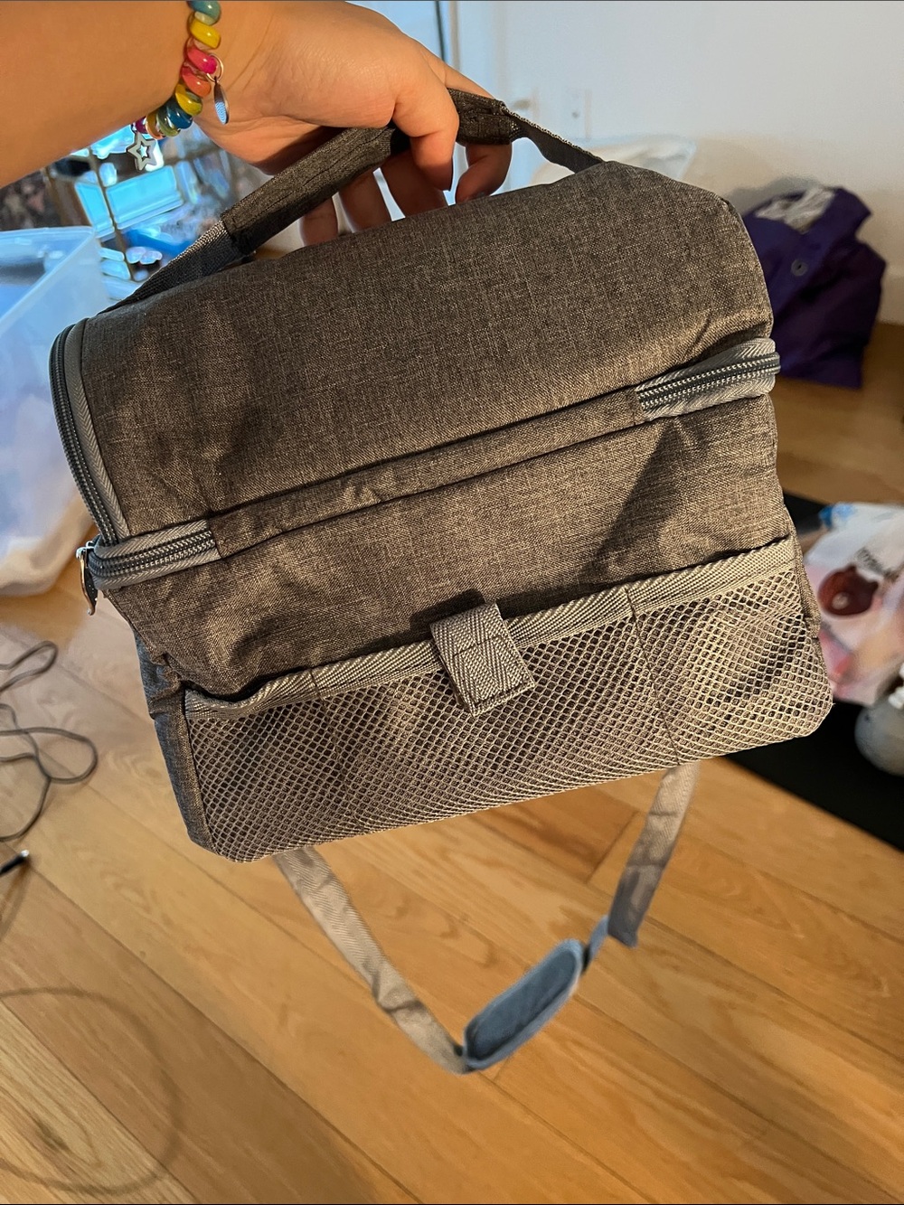 Grey Insulated Lunch Bag with Shoulder Strap